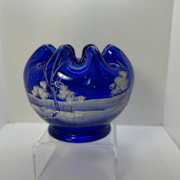 Fenton Inverted Ruffle Rose Bowl Cobalt Winter Scene Hand Painted GD Wright - Picture 7 of 9